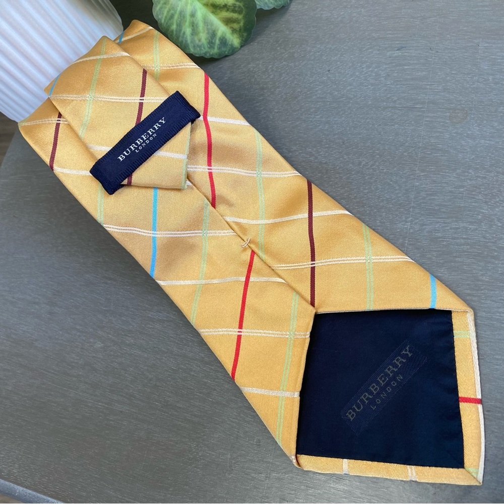 Burberry London Gold Colorful Check Pattern Silk Neck Tie